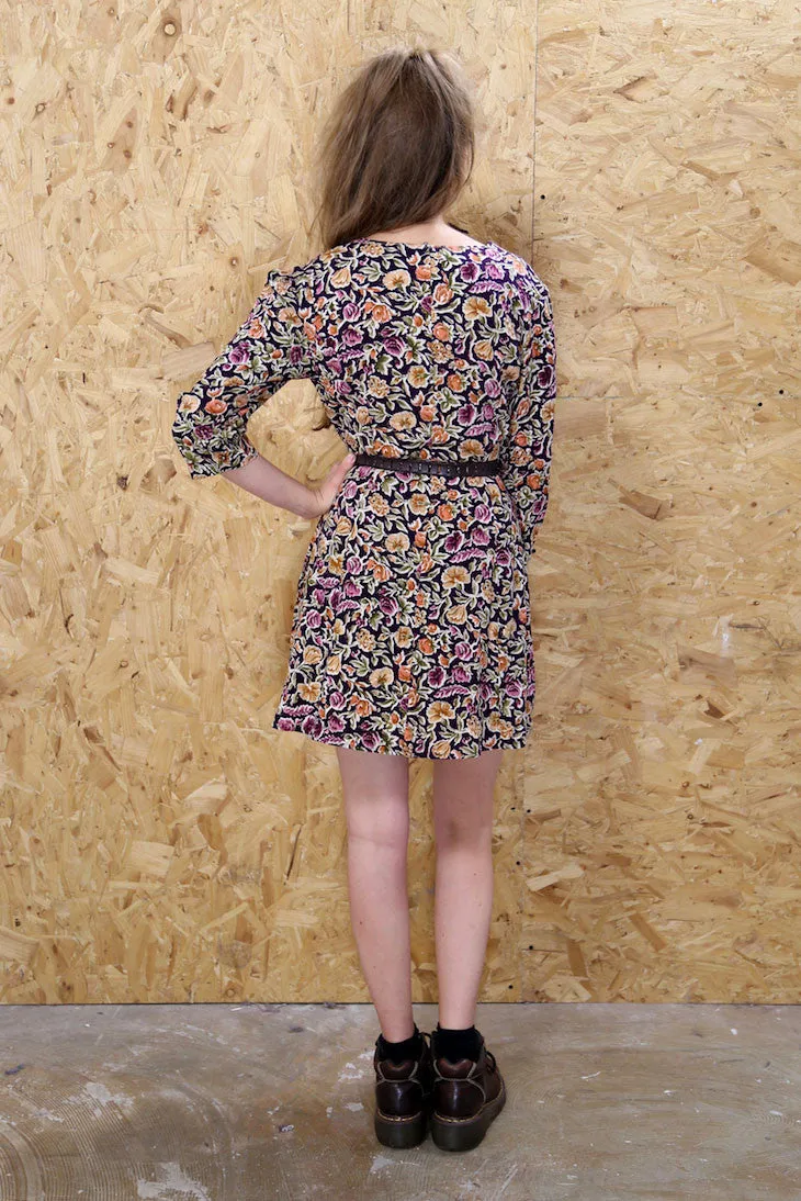 3/4 Sleeve Floral Shift Dress with Scallop Neck Line