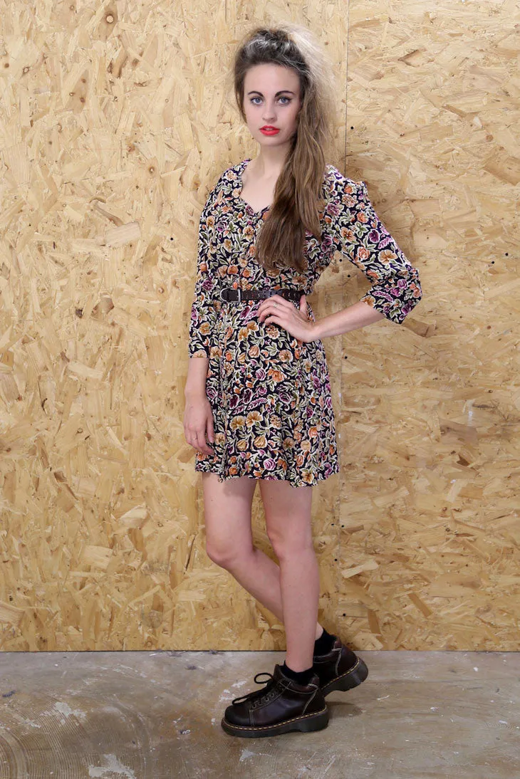 3/4 Sleeve Floral Shift Dress with Scallop Neck Line