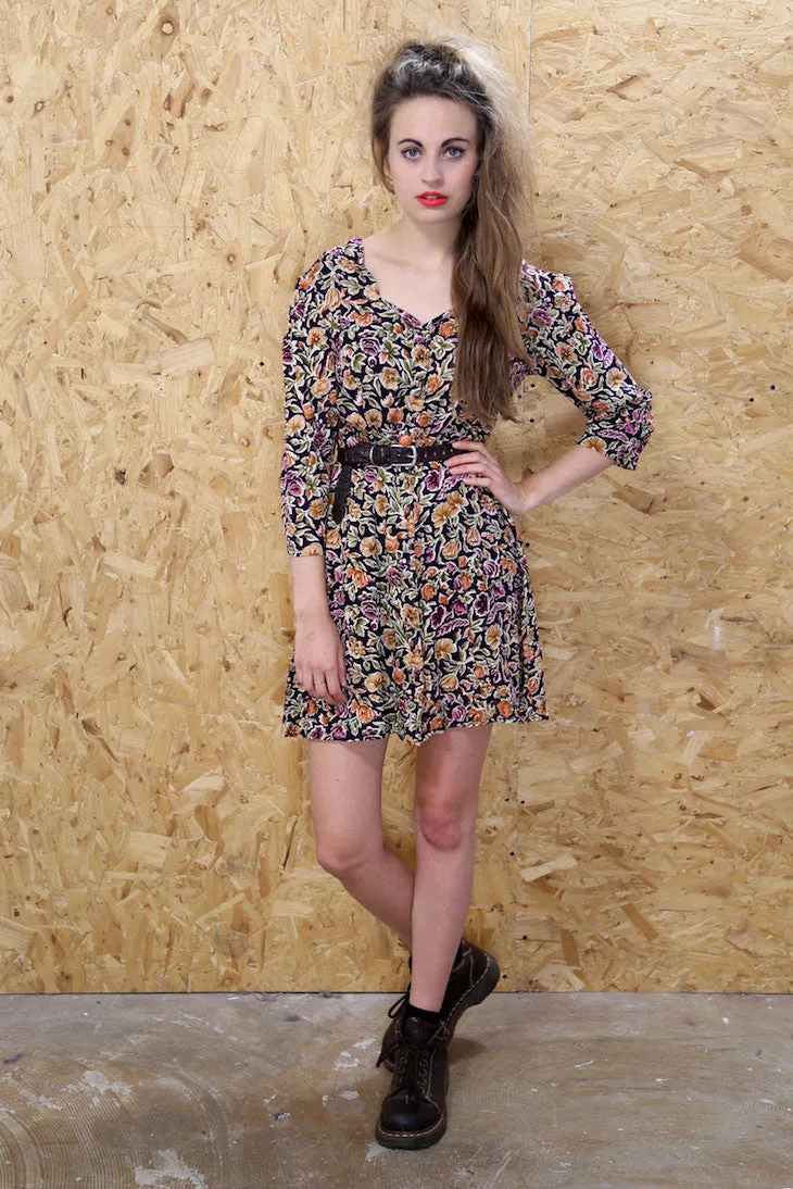 3/4 Sleeve Floral Shift Dress with Scallop Neck Line
