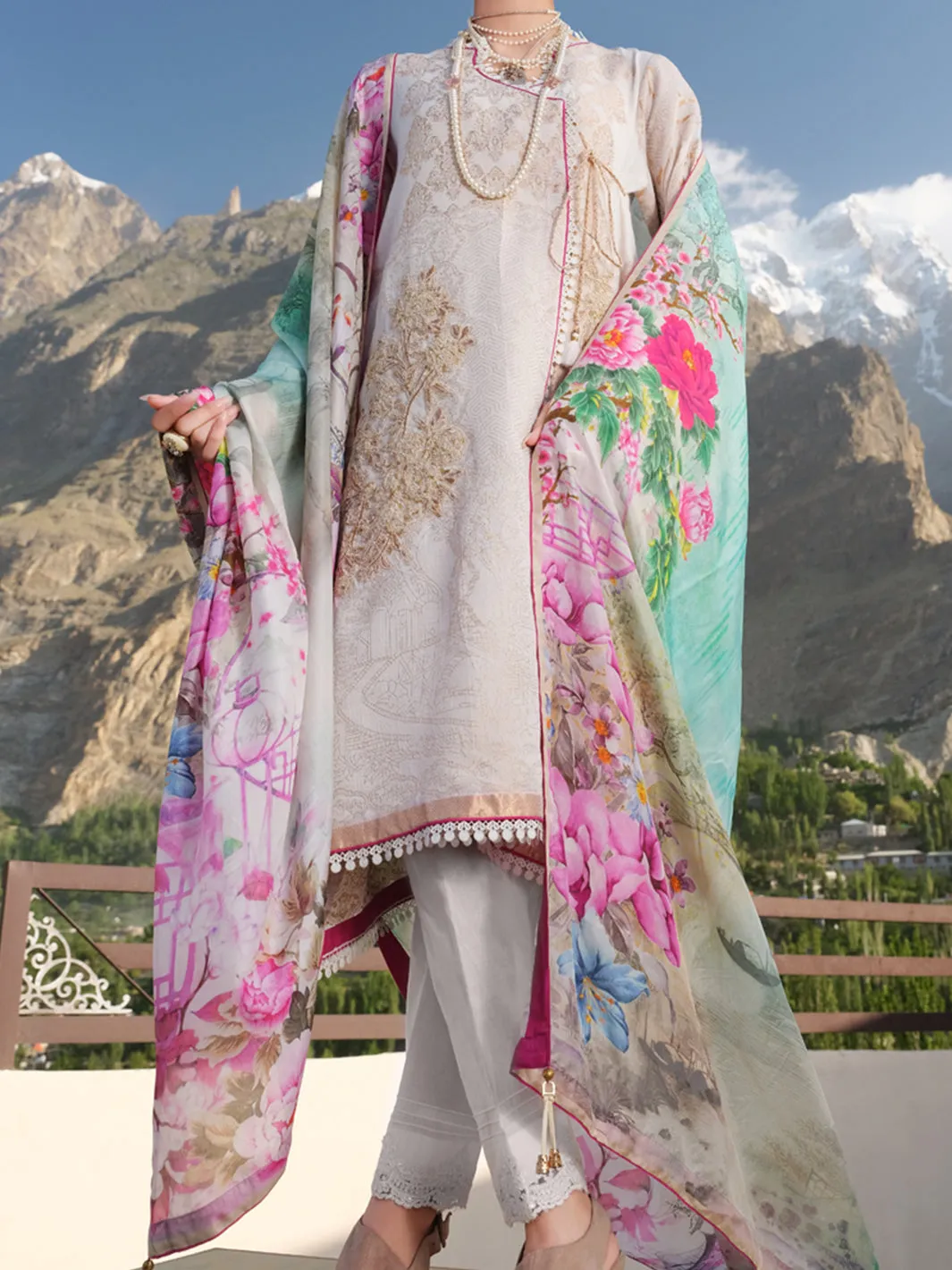 Beige Jacquard 3 Piece Stitched - AWP-219
