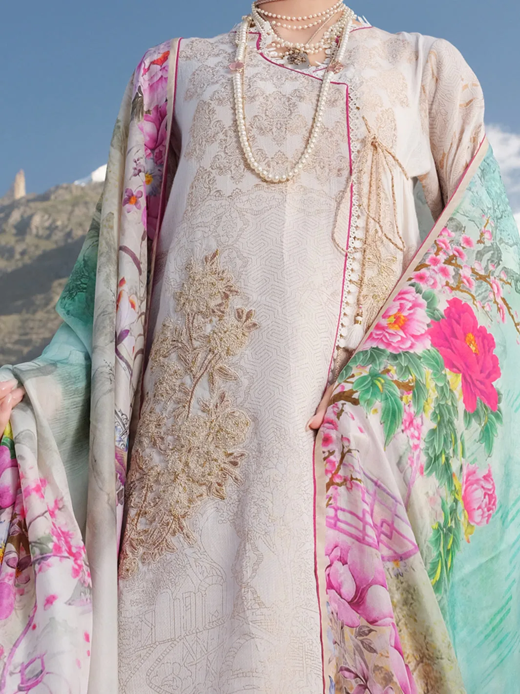 Beige Jacquard 3 Piece Stitched - AWP-219