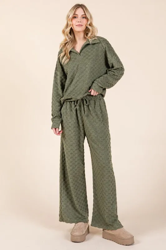 BOMBOM Women Outfit Set Textured Top Tied Checkered Wide Leg Pants