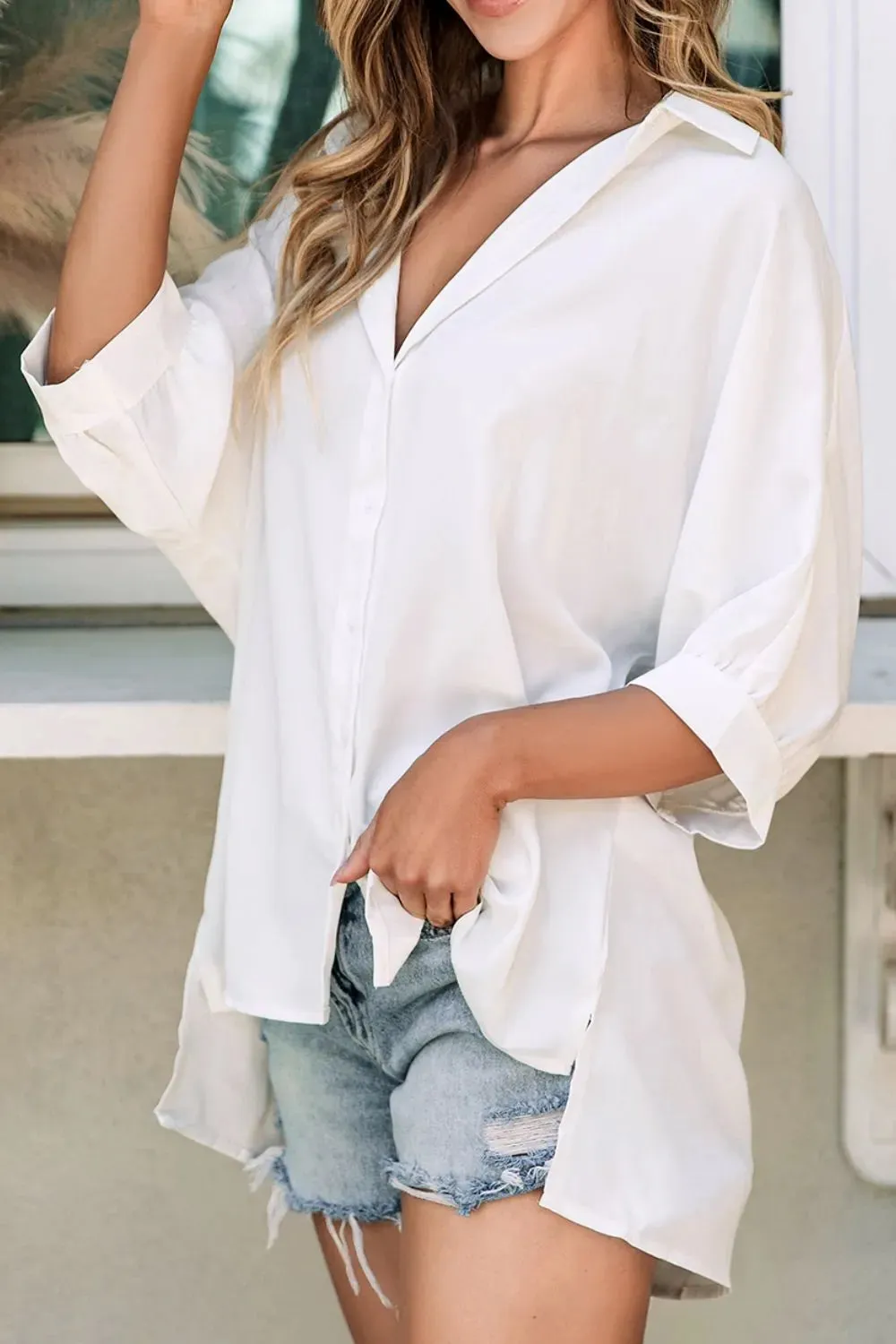 Collared Neck Three-Quarter Sleeve Shirt for Women