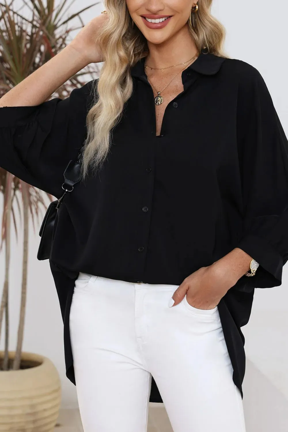 Collared Neck Three-Quarter Sleeve Shirt for Women