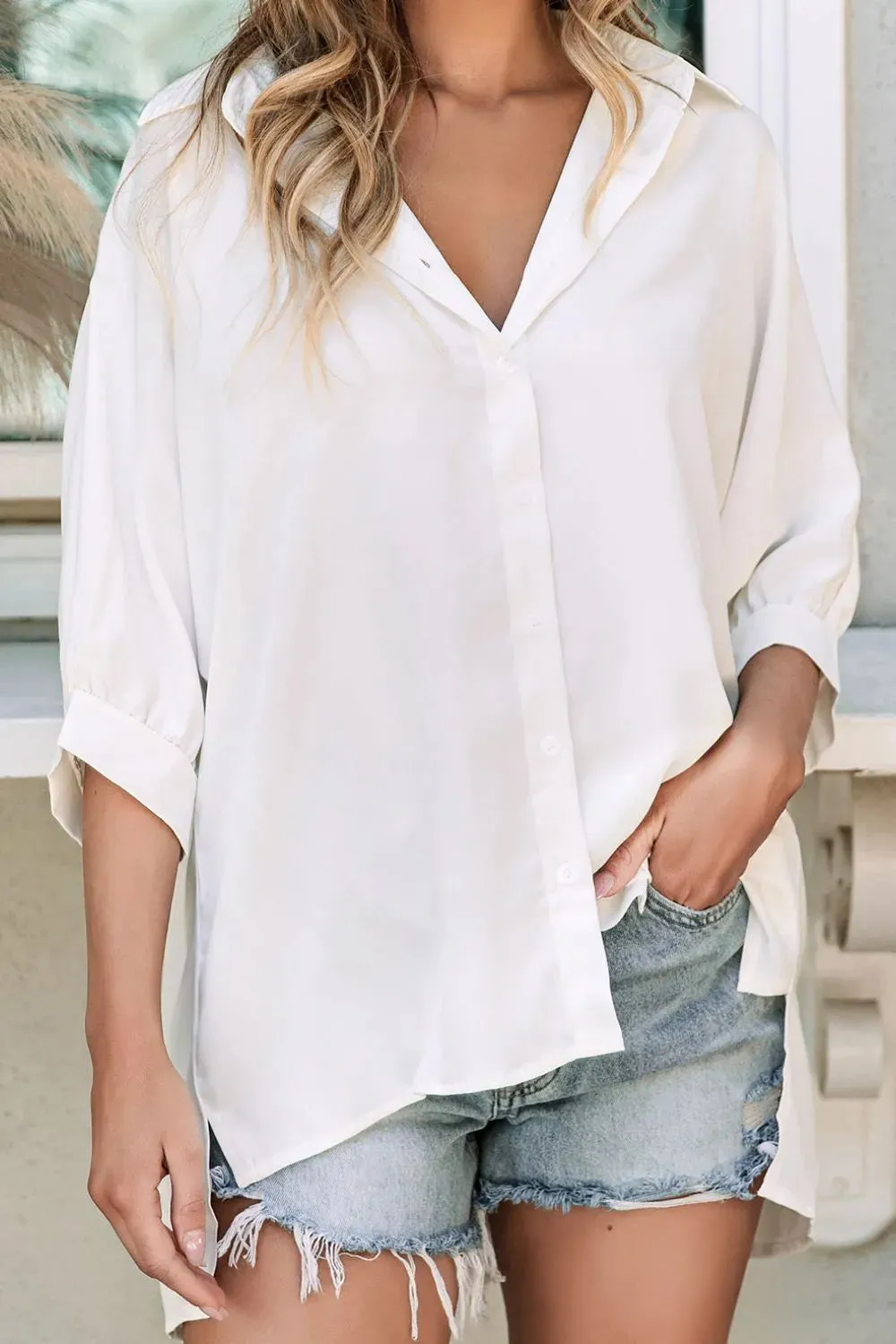 Collared Neck Three-Quarter Sleeve Shirt for Women
