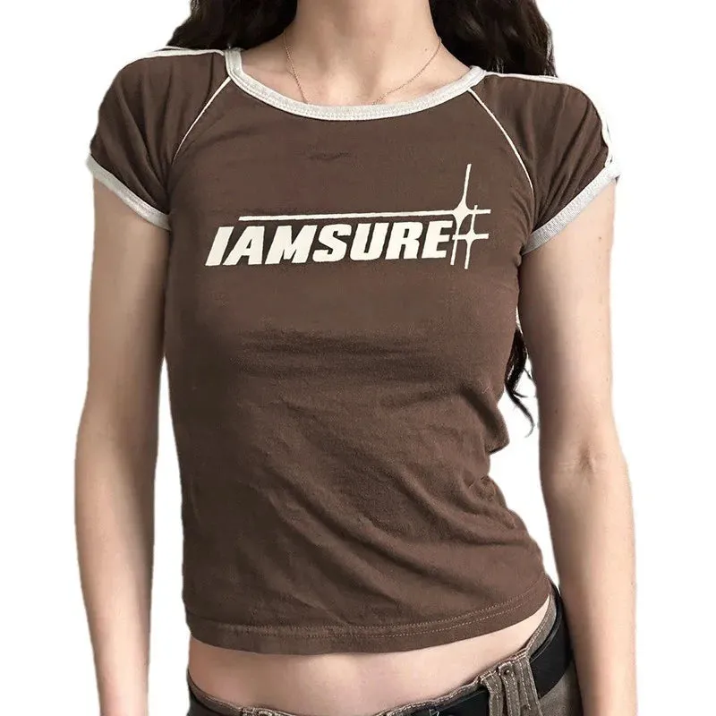 Color Contrast Alphabet Print Round Neck Slim-fit Casual Women's T-shirt