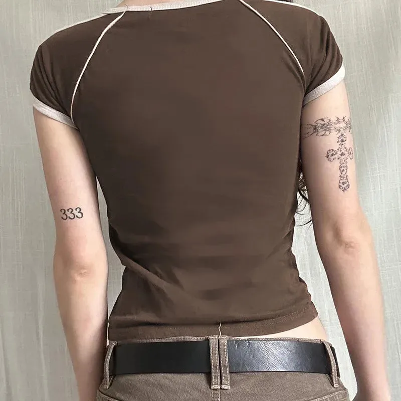 Color Contrast Alphabet Print Round Neck Slim-fit Casual Women's T-shirt