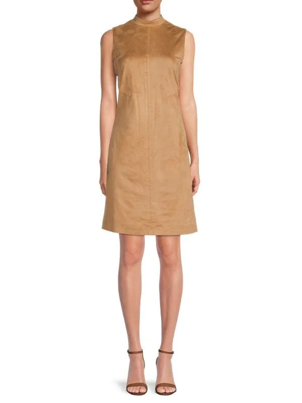 Donna Karan shift dress with stand-up collar, camel