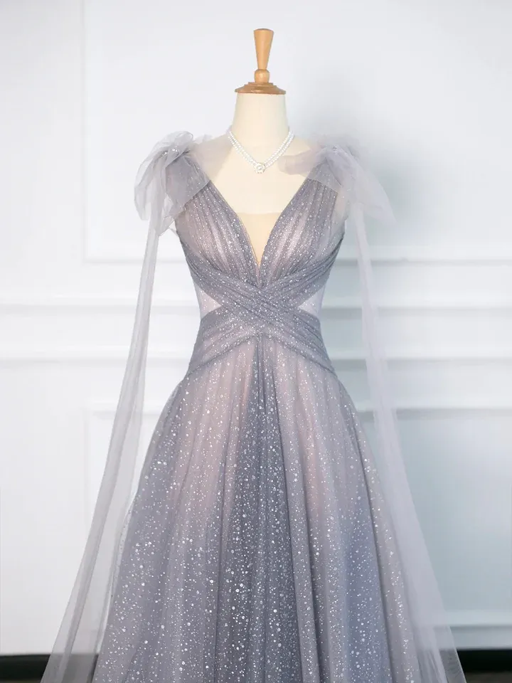 Gray Tulle V-Neck A-Line Backless Elegant Evening Party Dress MD7192