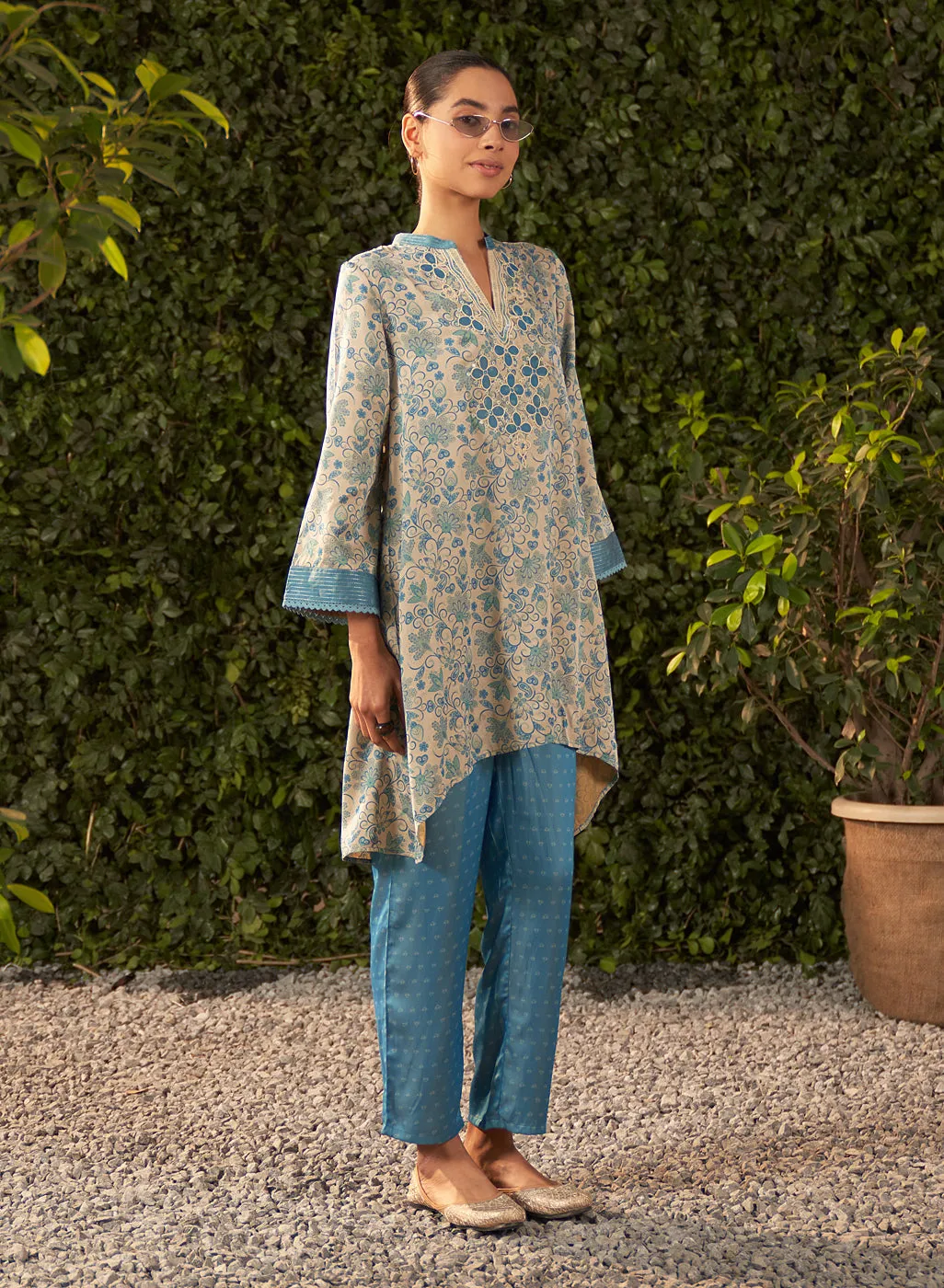 Karina Sky Blue Printed Satin Co-ord Set for Women