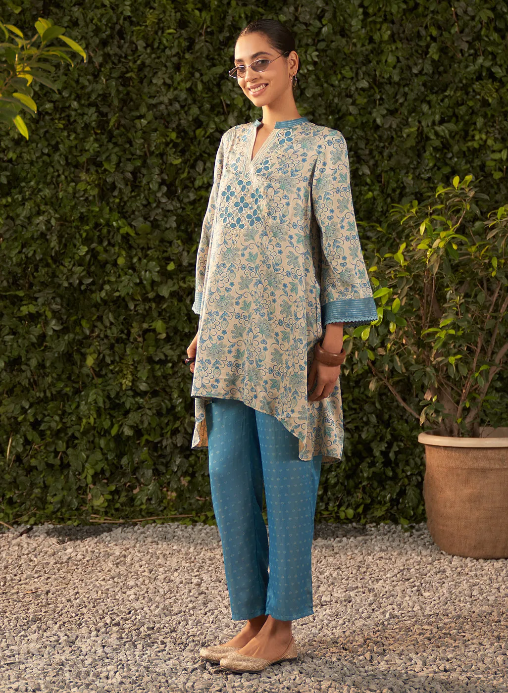 Karina Sky Blue Printed Satin Co-ord Set for Women