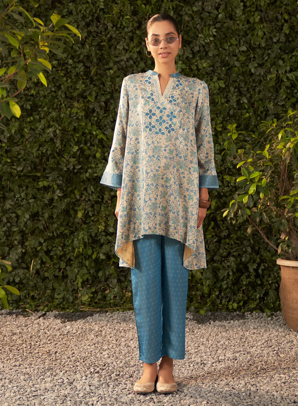 Karina Sky Blue Printed Satin Co-ord Set for Women