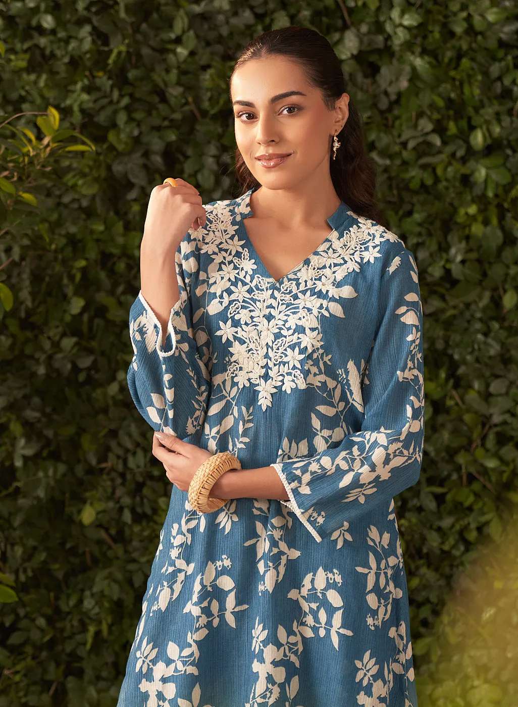 Liliana Cobalt Blue Printed Crinkled Crepe Co-ord Set for Women