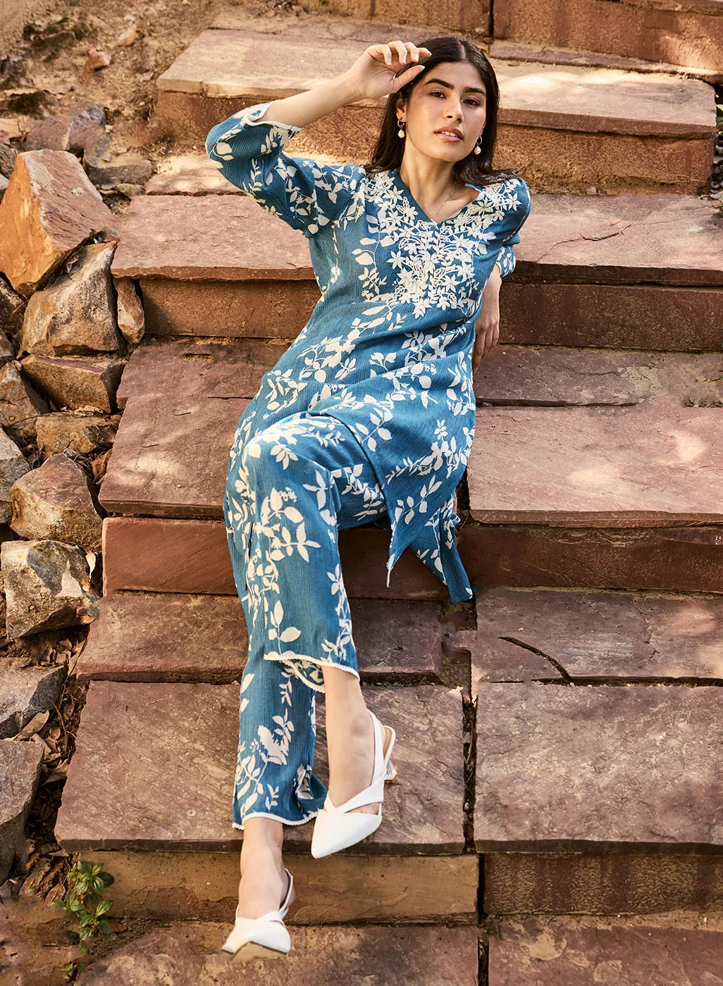 Liliana Cobalt Blue Printed Crinkled Crepe Co-ord Set for Women