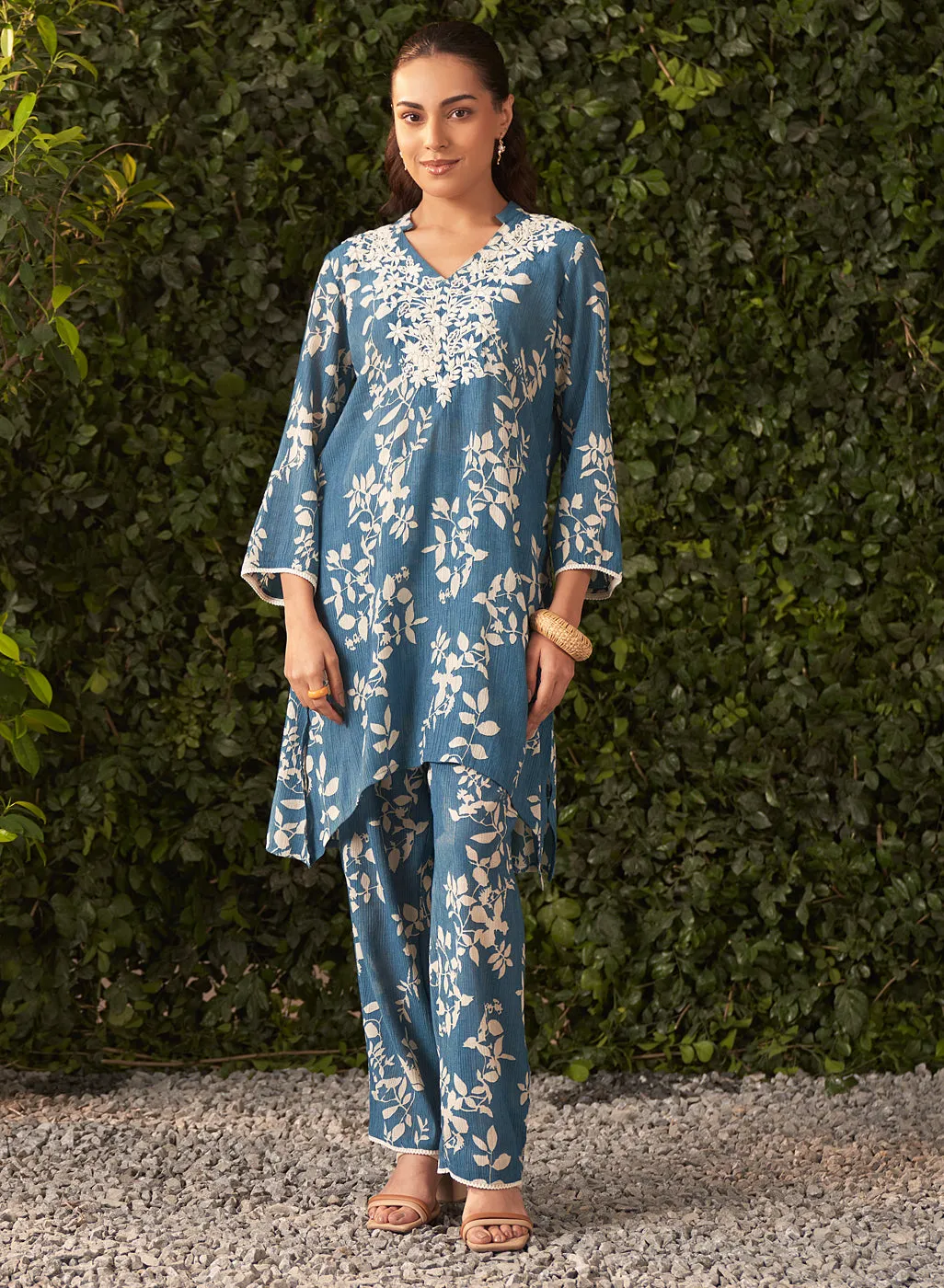 Liliana Cobalt Blue Printed Crinkled Crepe Co-ord Set for Women