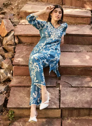 Liliana Cobalt Blue Printed Crinkled Crepe Co-ord Set for Women