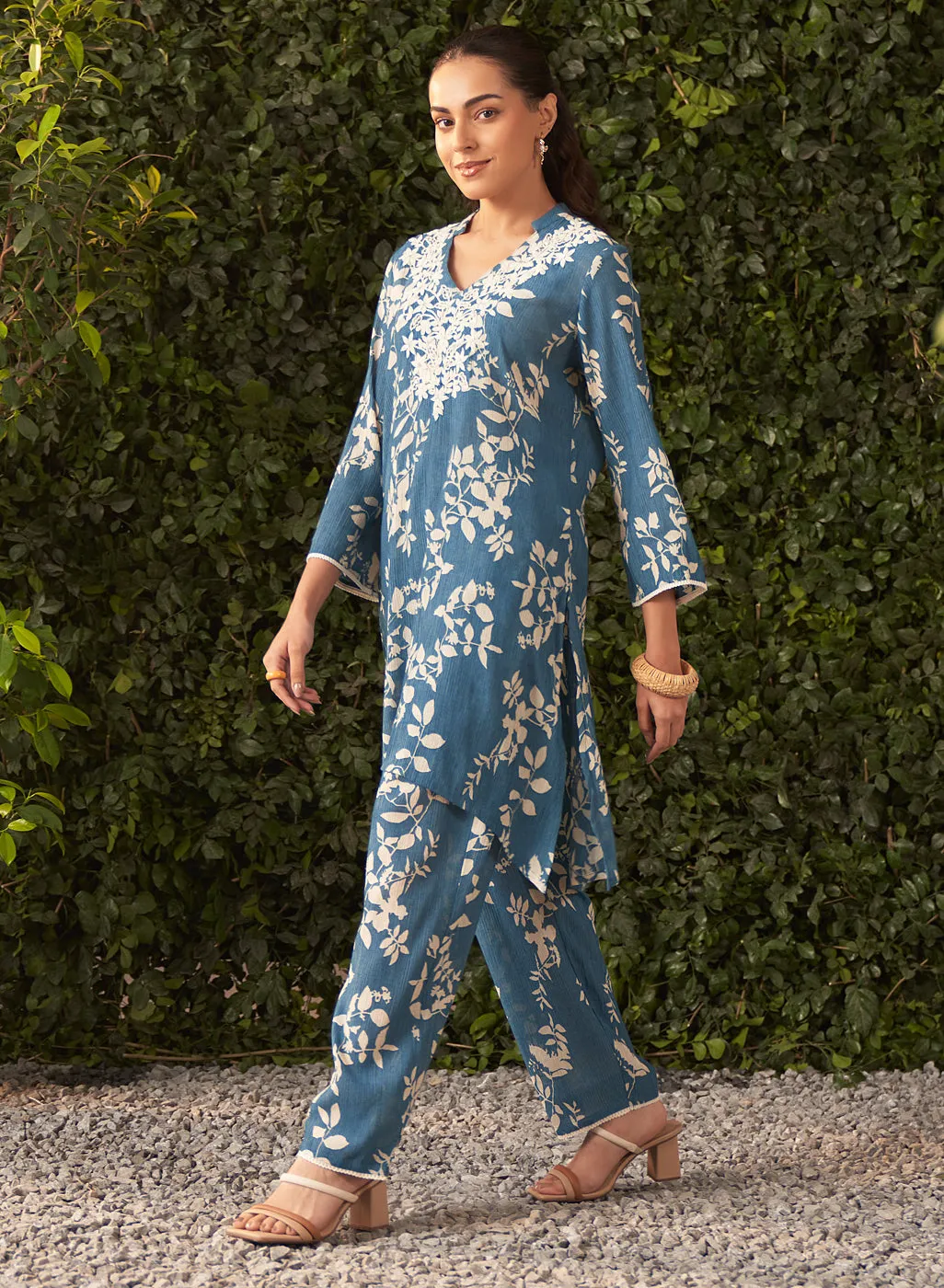 Liliana Cobalt Blue Printed Crinkled Crepe Co-ord Set for Women