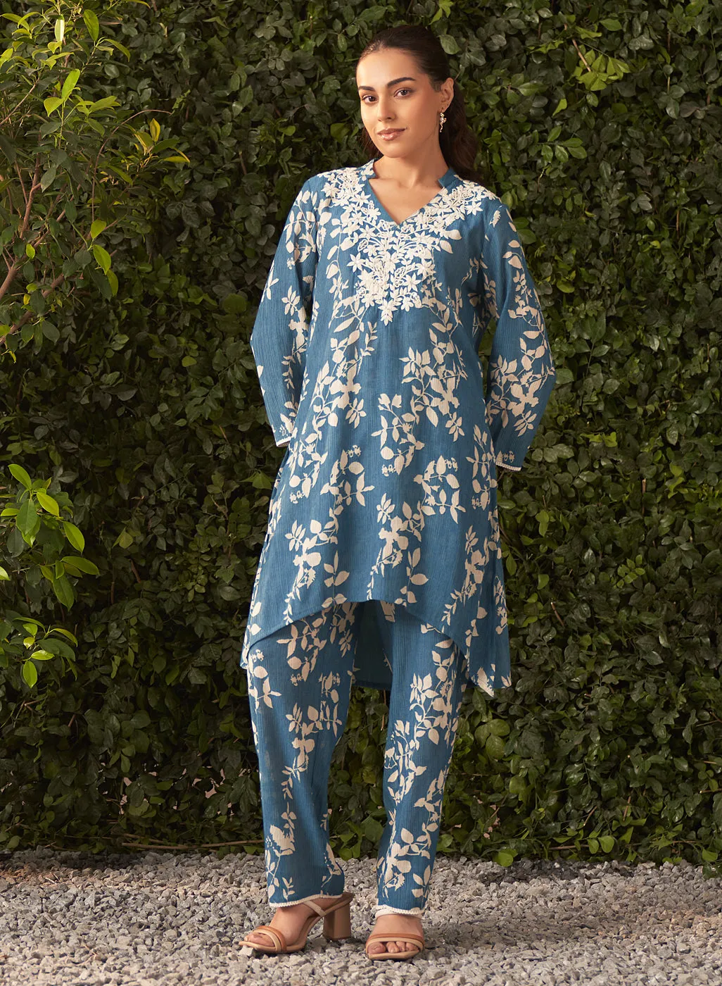 Liliana Cobalt Blue Printed Crinkled Crepe Co-ord Set for Women