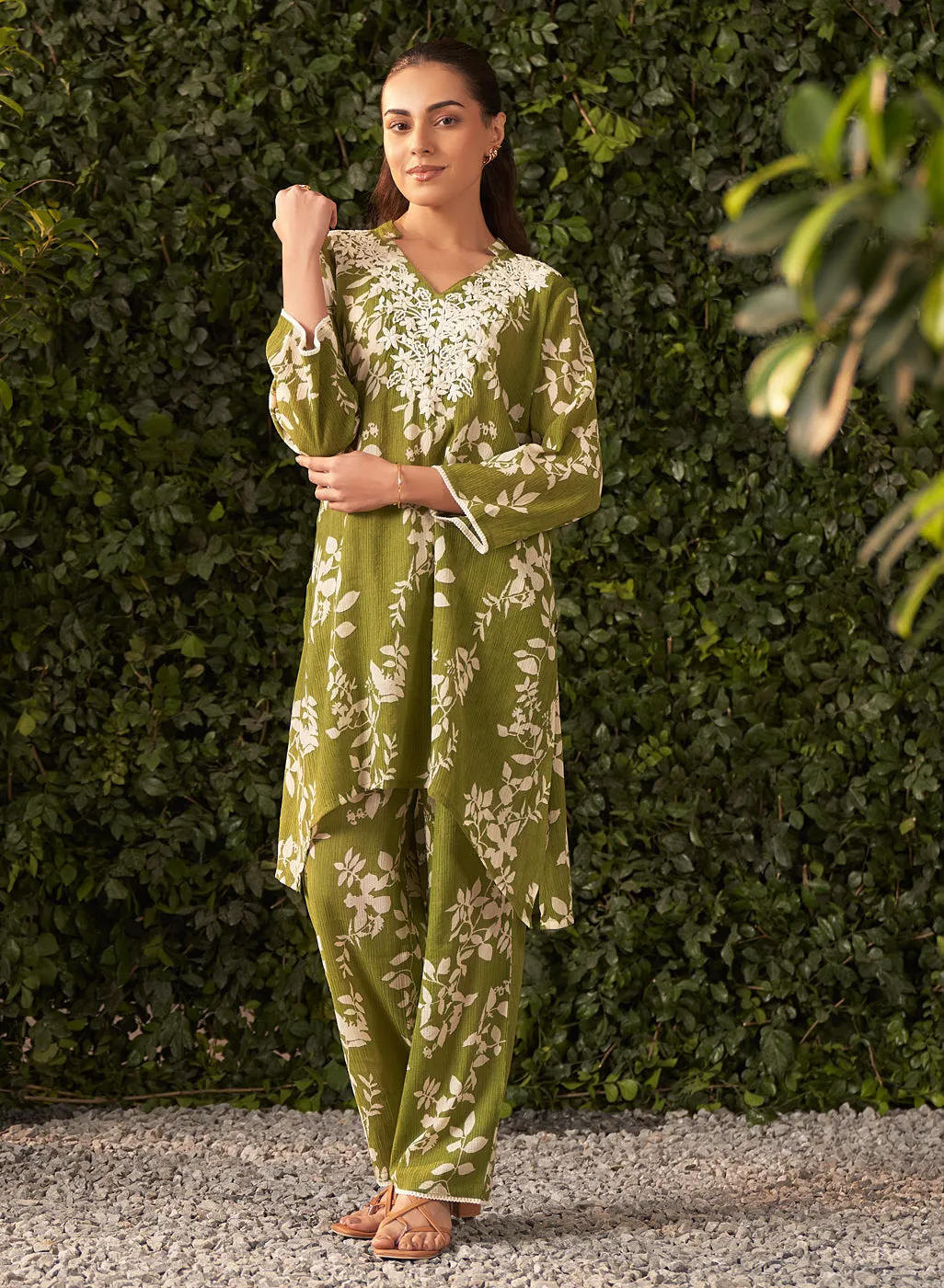 Liliana Lime Green Printed Crinkled Crepe Co-ord Set for Women