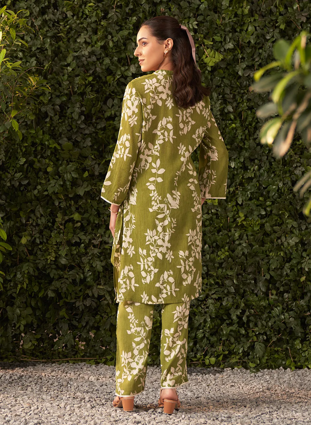 Liliana Lime Green Printed Crinkled Crepe Co-ord Set for Women
