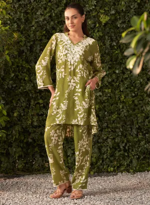 Liliana Lime Green Printed Crinkled Crepe Co-ord Set for Women
