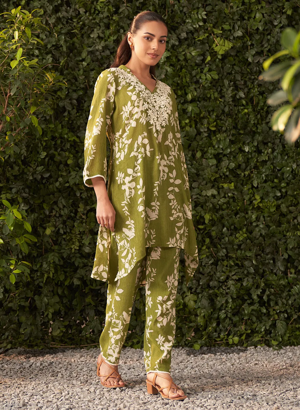 Liliana Lime Green Printed Crinkled Crepe Co-ord Set for Women
