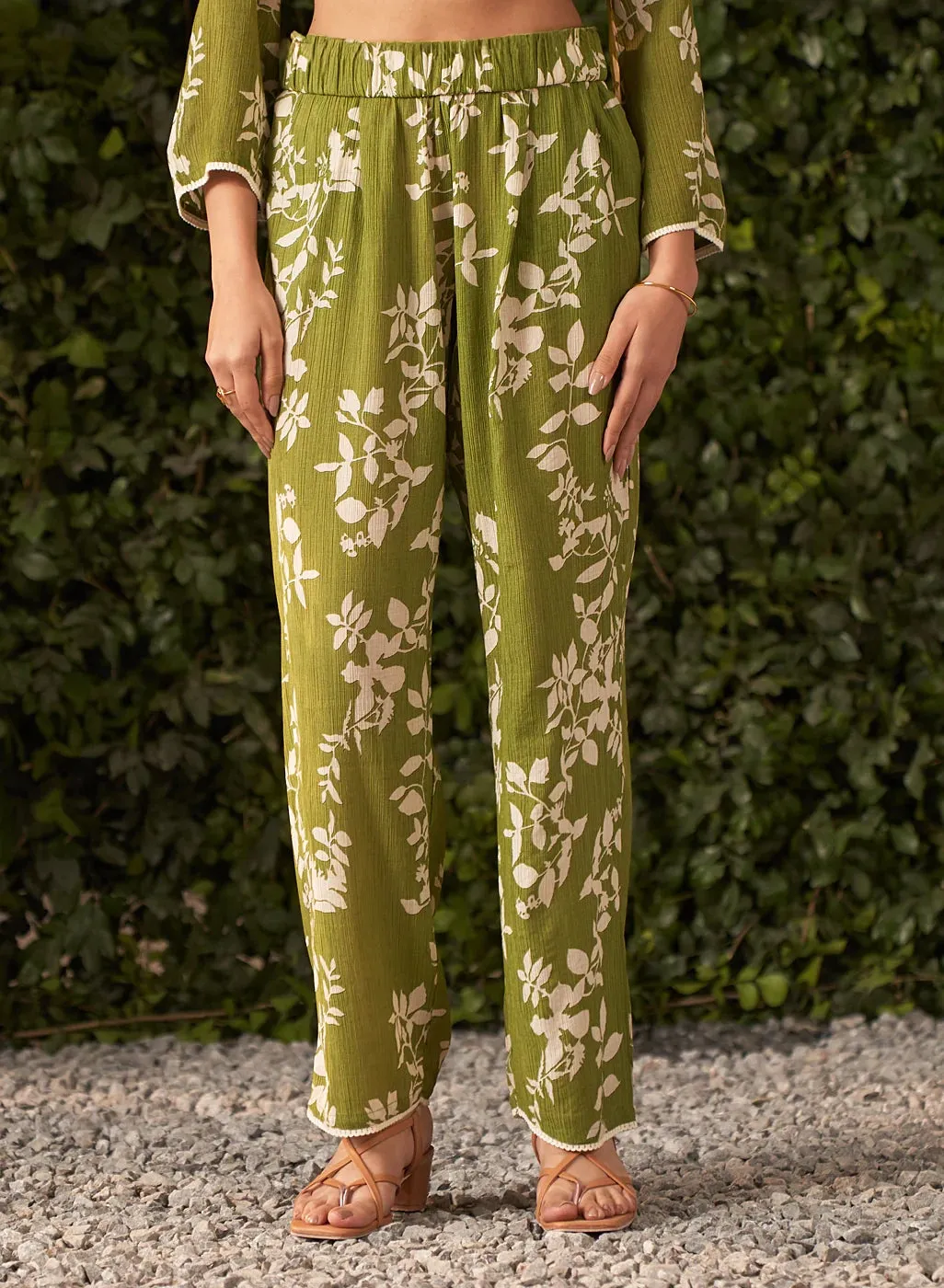 Liliana Lime Green Printed Crinkled Crepe Co-ord Set for Women