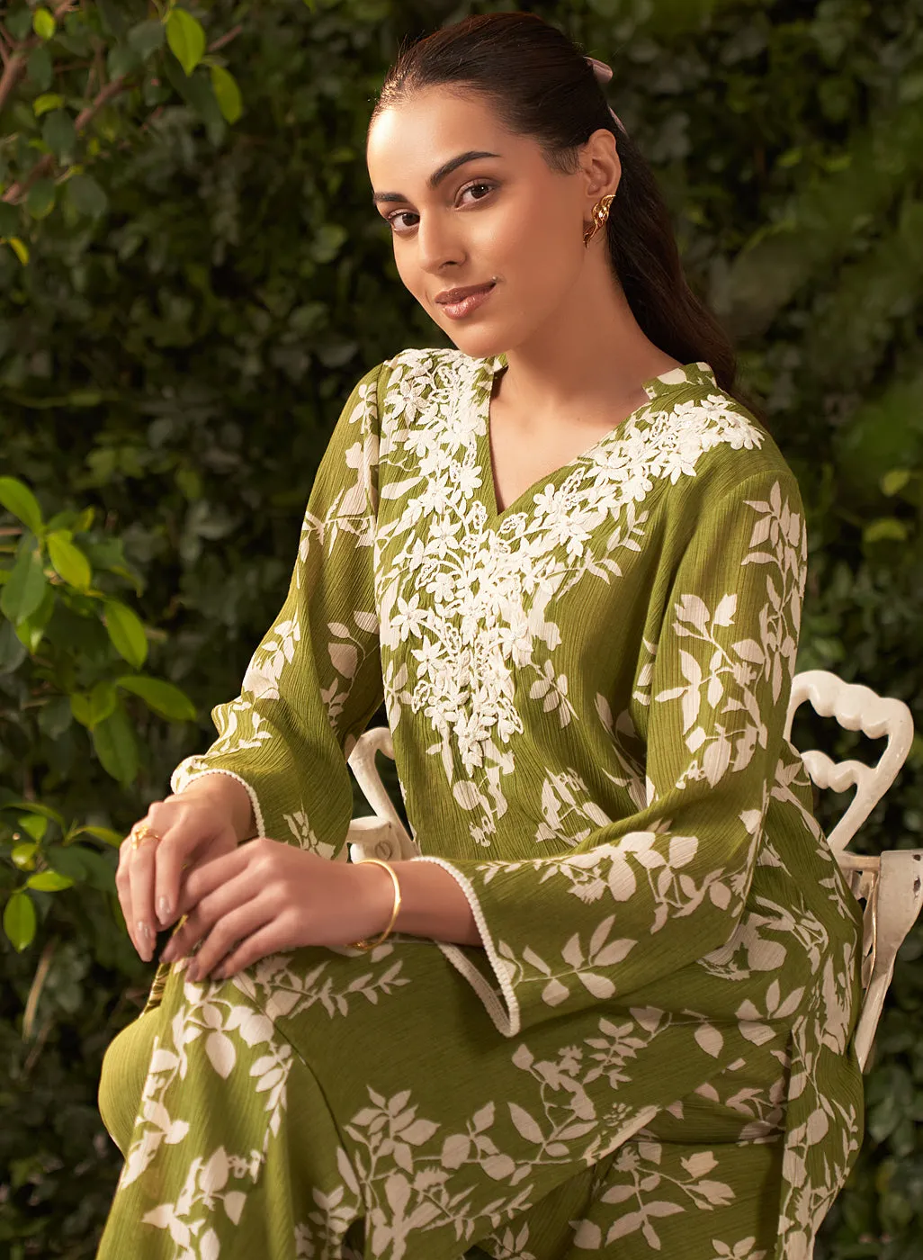 Liliana Lime Green Printed Crinkled Crepe Co-ord Set for Women