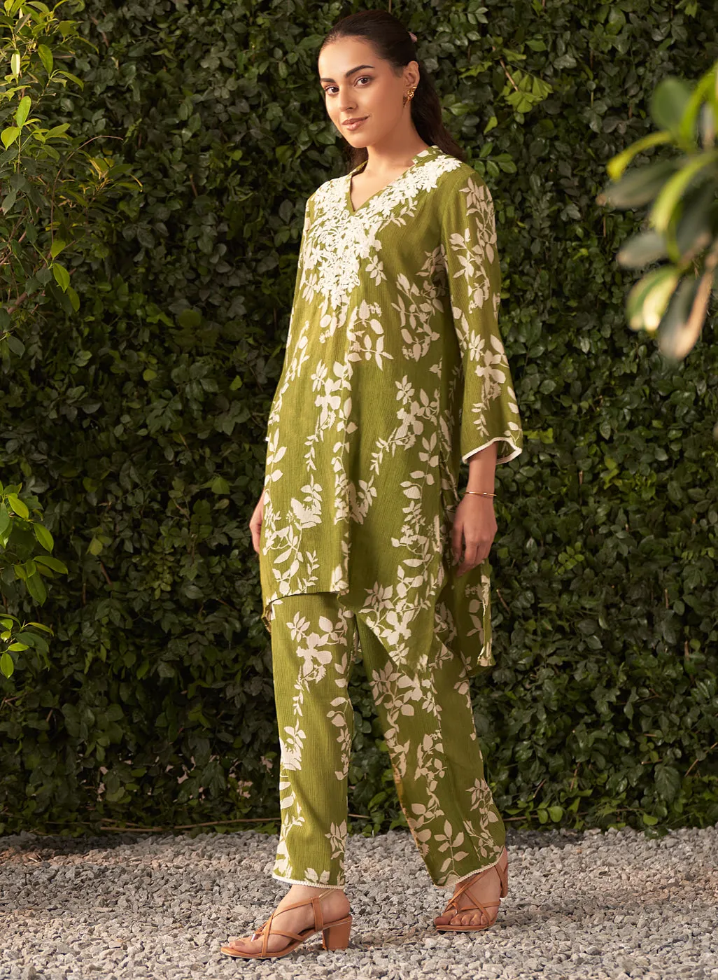 Liliana Lime Green Printed Crinkled Crepe Co-ord Set for Women
