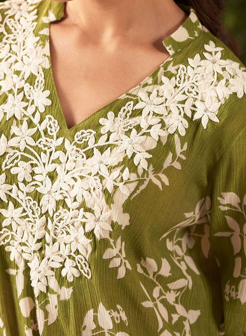 Liliana Lime Green Printed Crinkled Crepe Co-ord Set for Women