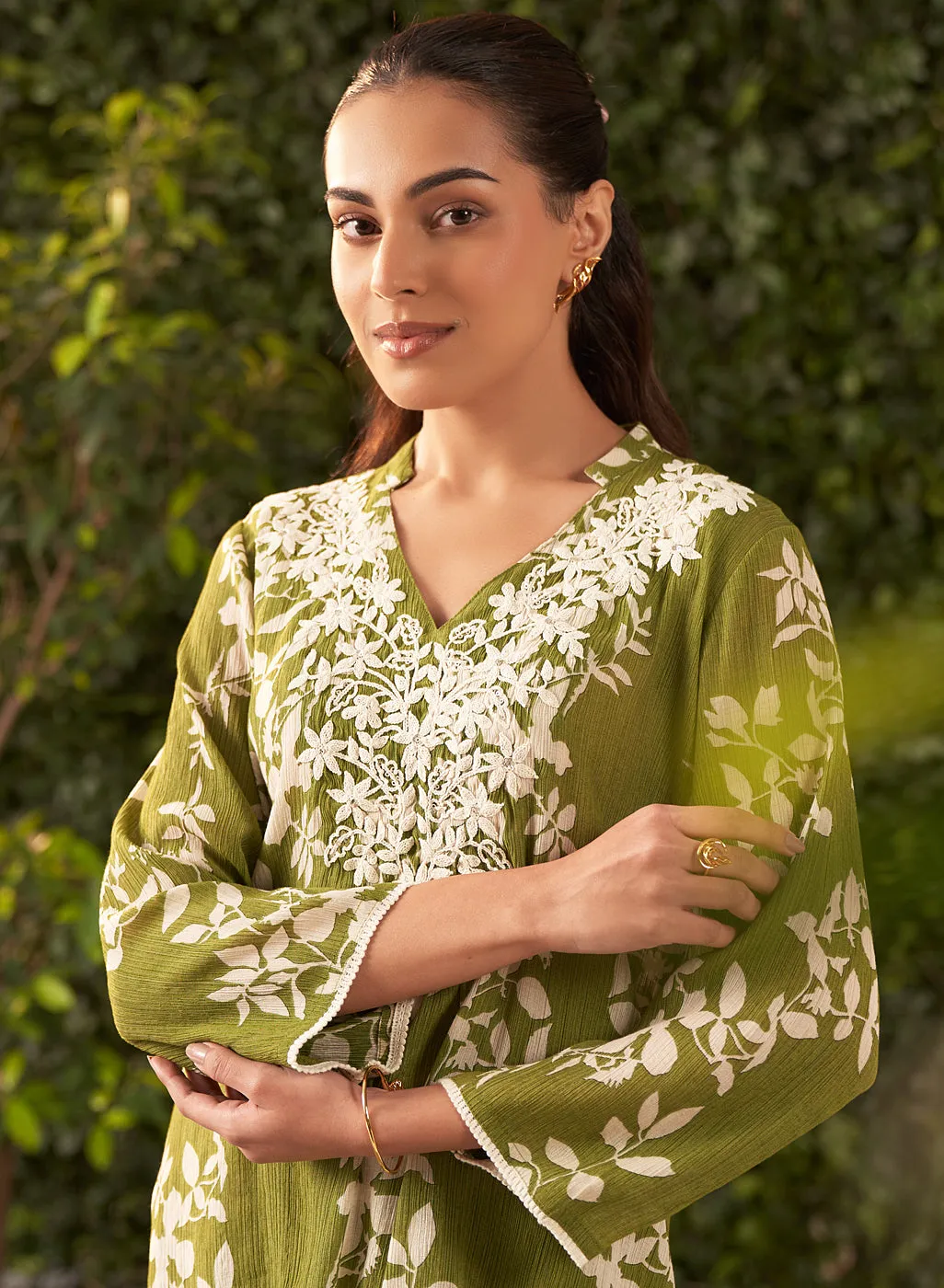 Liliana Lime Green Printed Crinkled Crepe Co-ord Set for Women
