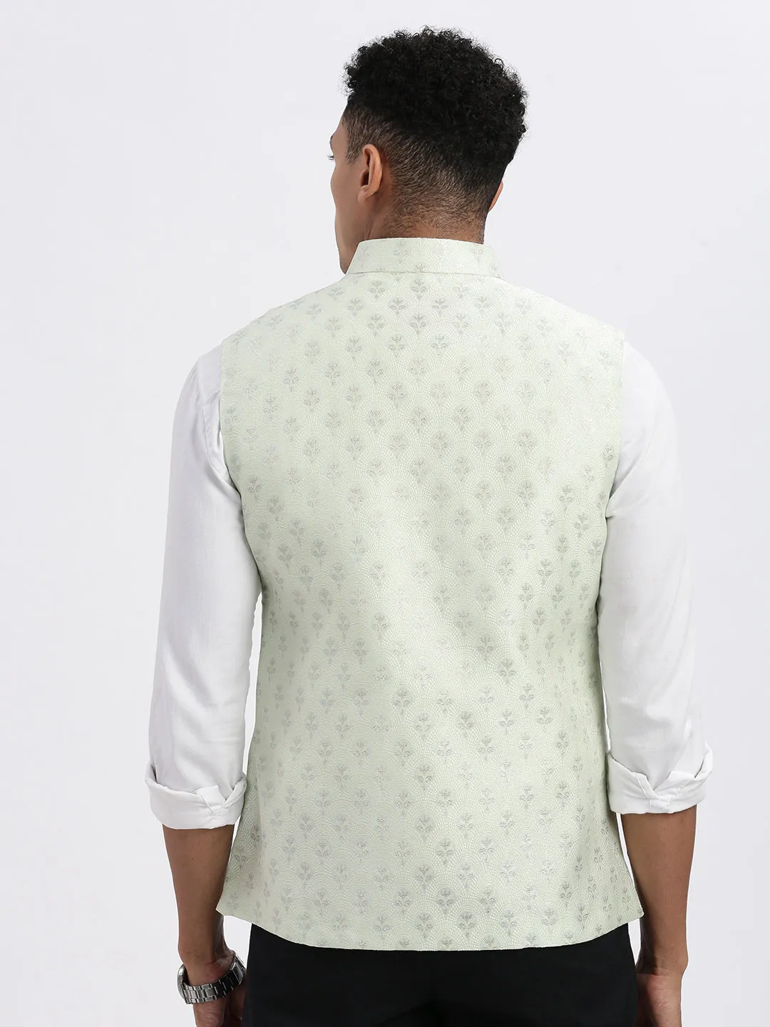 Men Green Floral Printed Nehru Jackets
