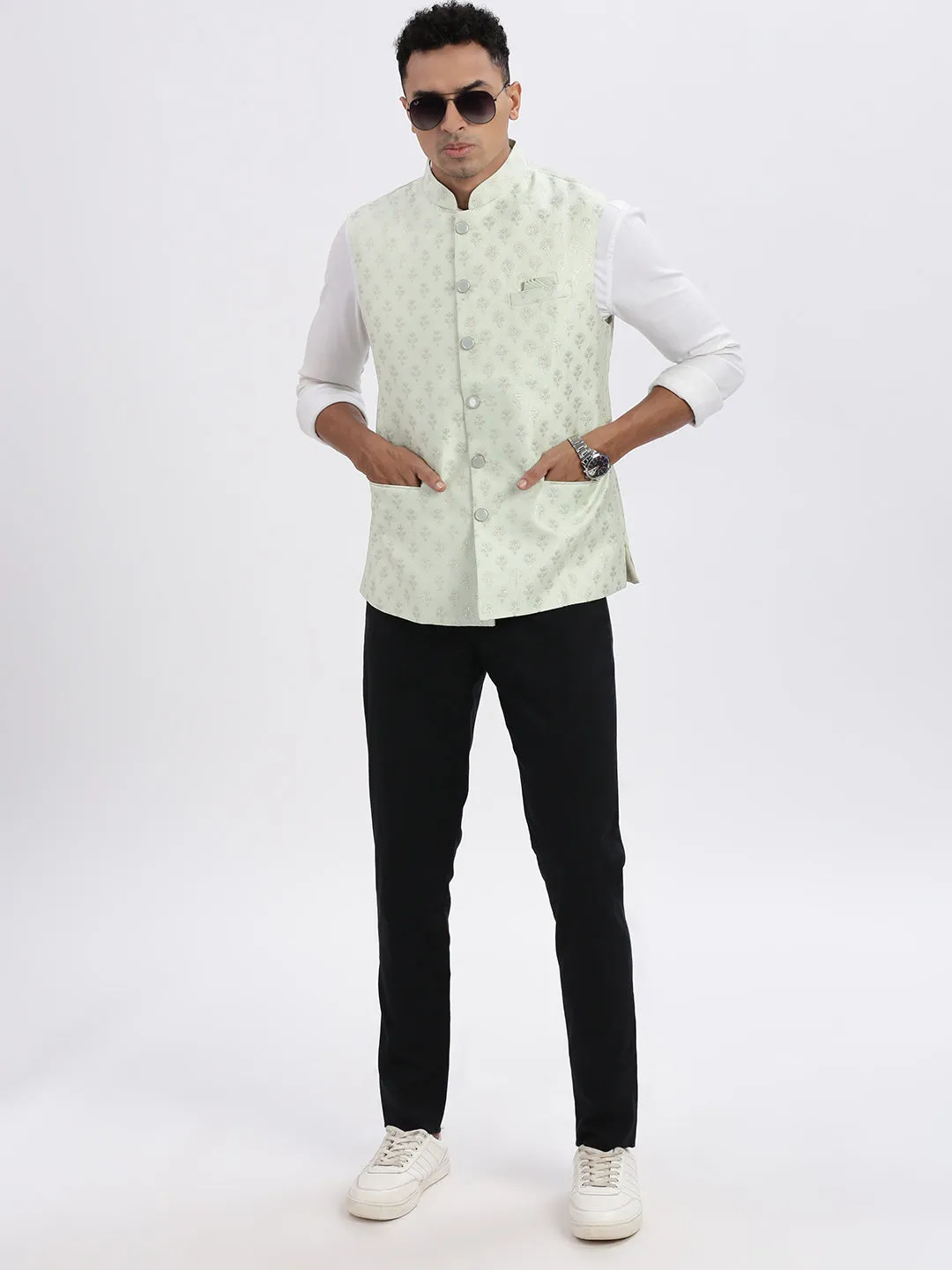 Men Green Floral Printed Nehru Jackets