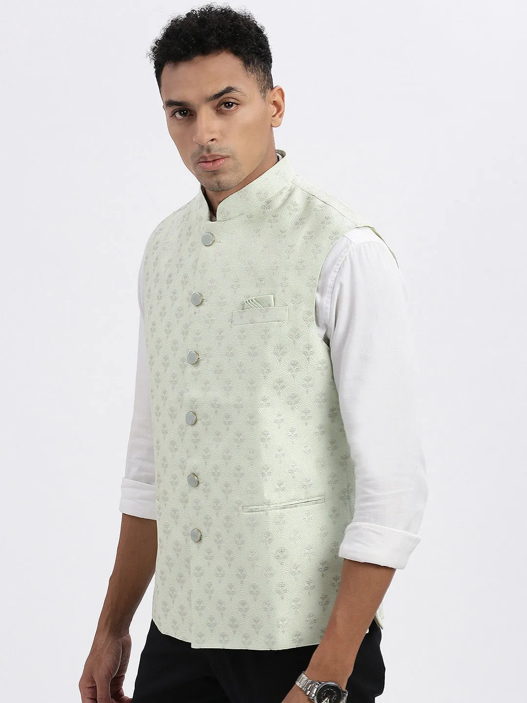 Men Green Floral Printed Nehru Jackets