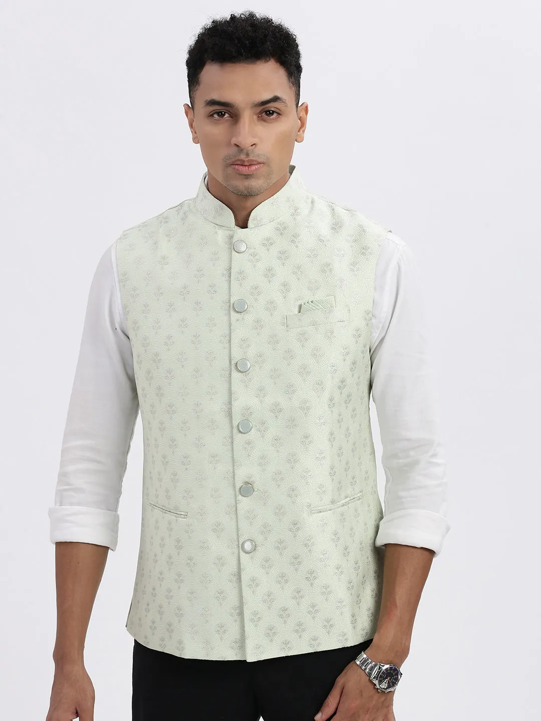 Men Green Floral Printed Nehru Jackets