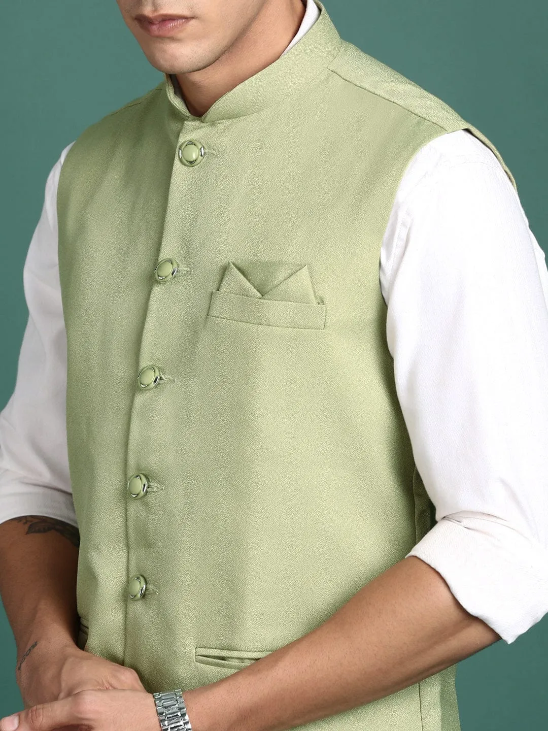 Men Green Mandarin Collar Nehru Jackets