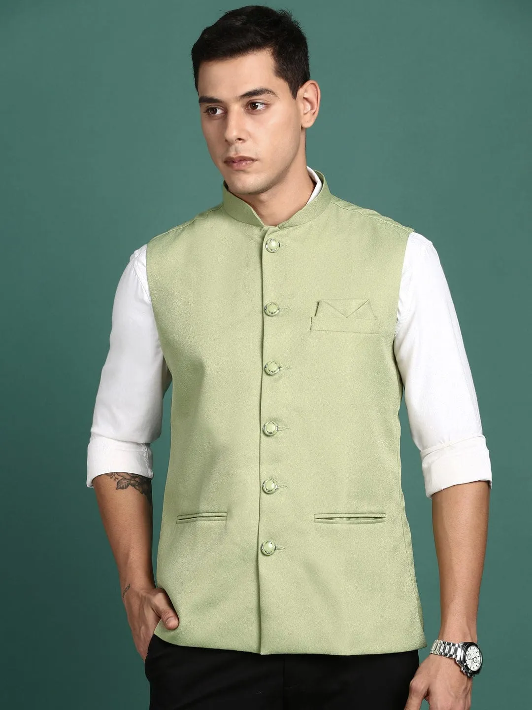 Men Green Mandarin Collar Nehru Jackets