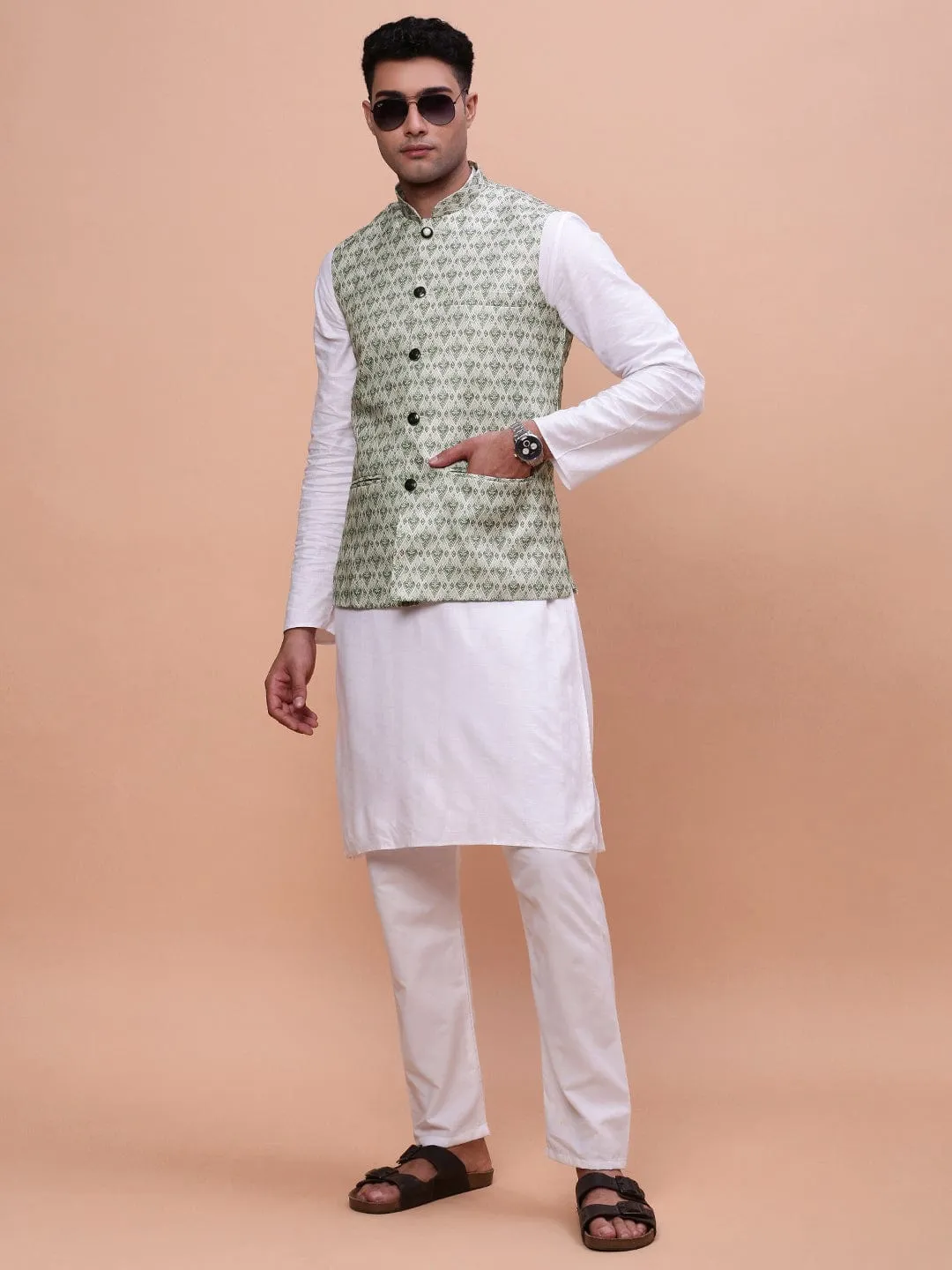 Men Green Woven Design Slim Fit Nehru Jackets