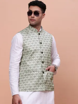 Men Green Woven Design Slim Fit Nehru Jackets