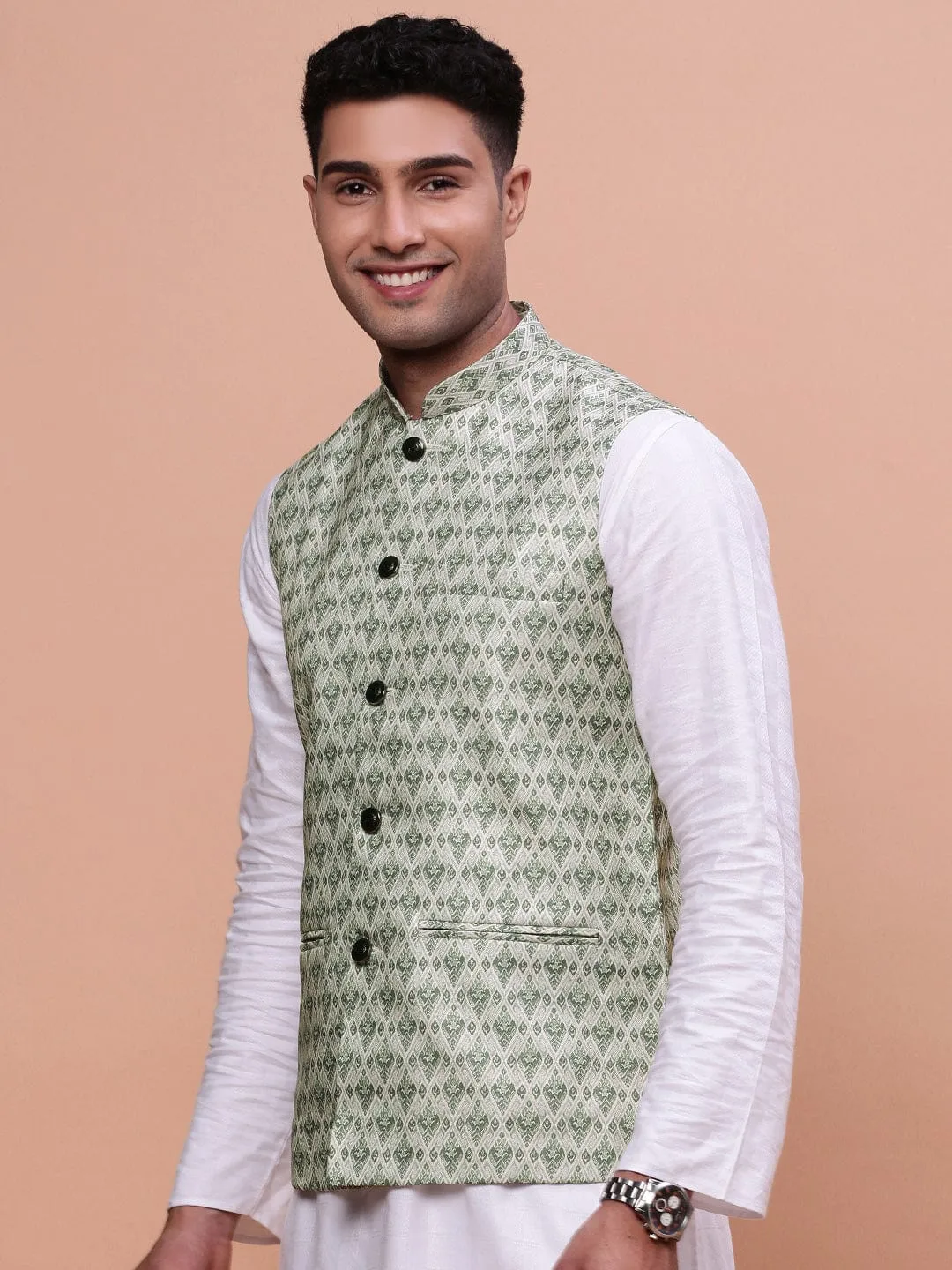Men Green Woven Design Slim Fit Nehru Jackets