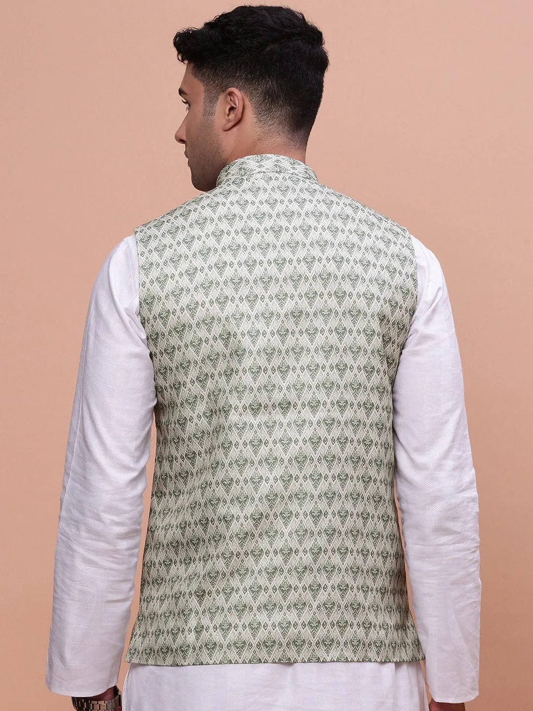 Men Green Woven Design Slim Fit Nehru Jackets