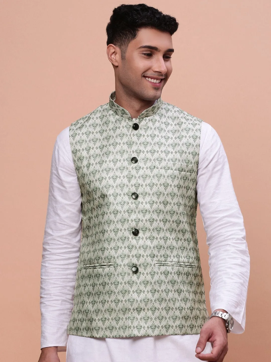 Men Green Woven Design Slim Fit Nehru Jackets