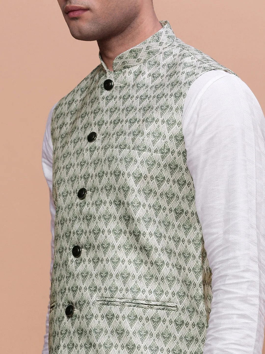 Men Green Woven Design Slim Fit Nehru Jackets