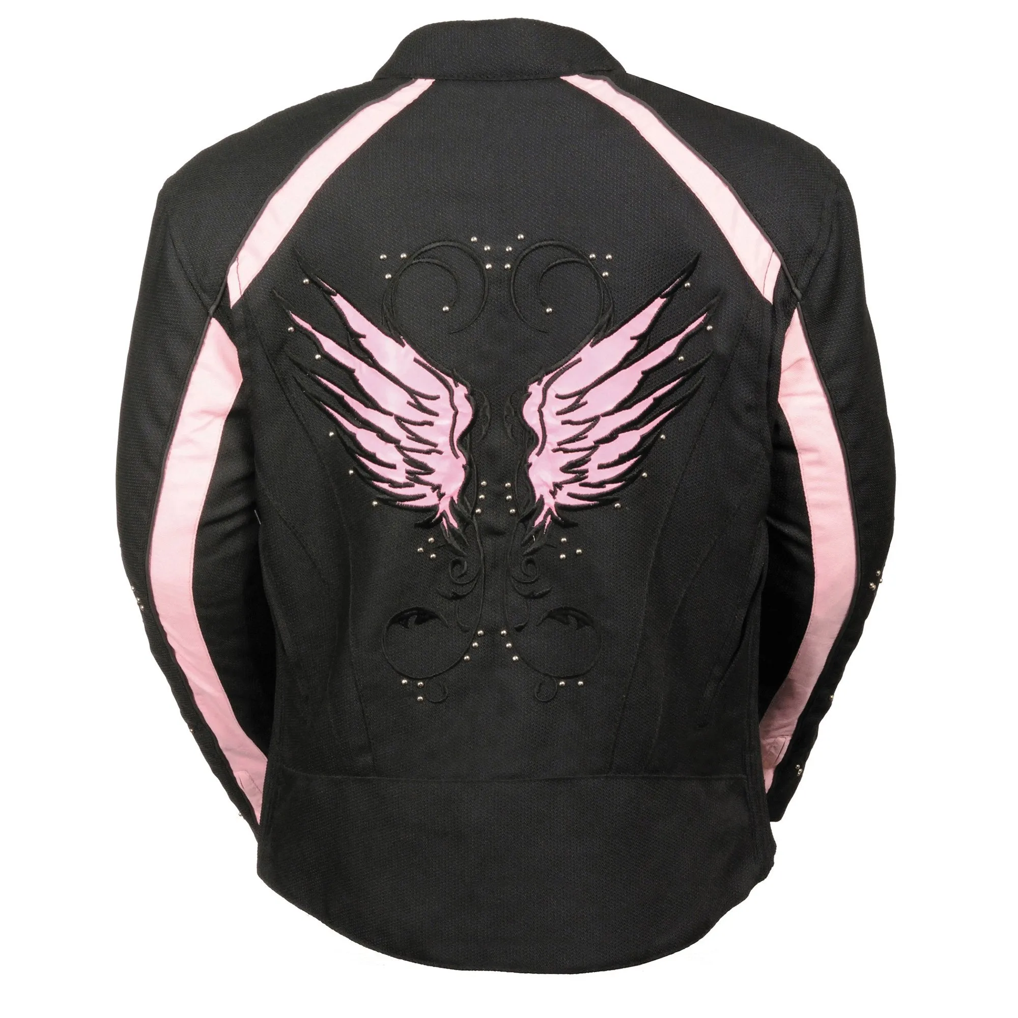 Milwaukee Leather SH1954 Women's Black and Pink Textile Jacket with Stud and Wings Detailing