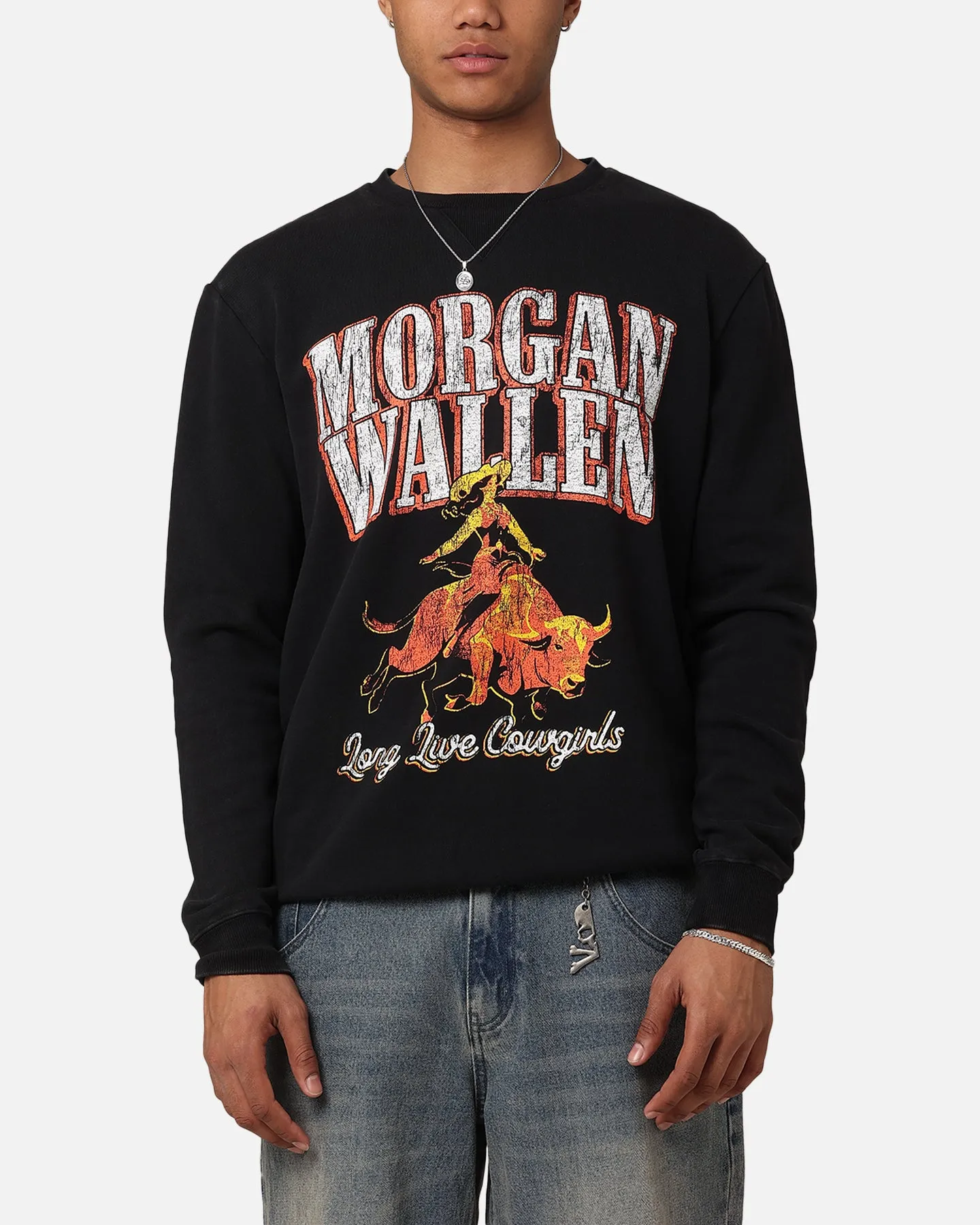 Morgan Wallen Long Live Cowgirls Crew Long Sleeve T-Shirt Washed Black