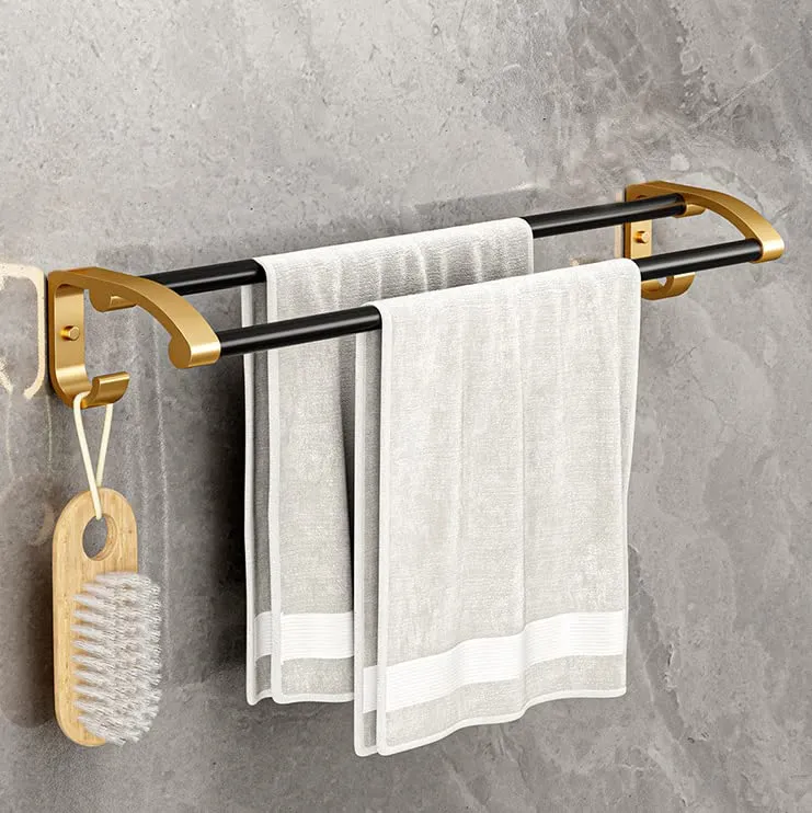 Plantex Space Aluminum Towel Rod/Bar/Holder/Hanger/Stand with Side Hooks for Bathroom - Kitchen Accessories (24 Inch-Gold & Black)