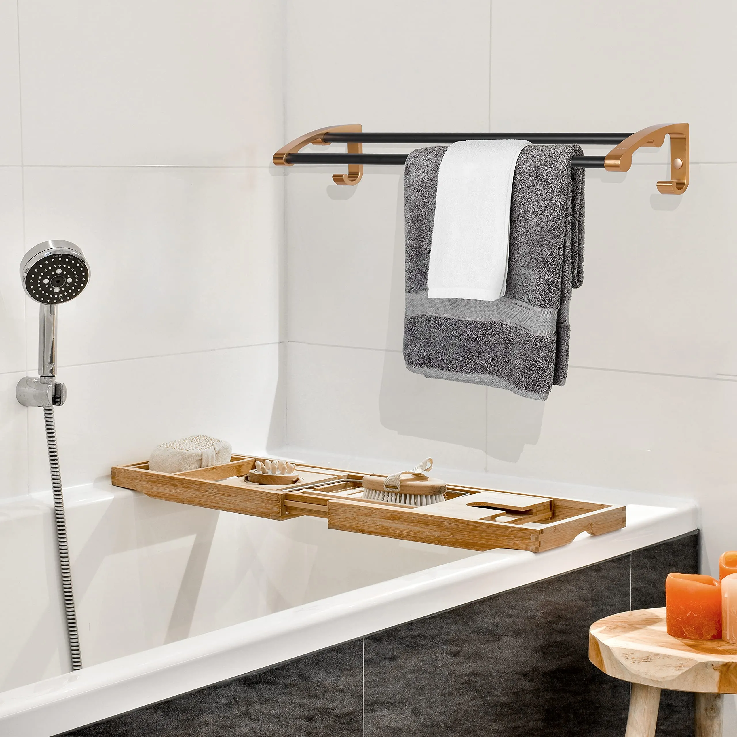 Plantex Space Aluminum Towel Rod/Bar/Holder/Hanger/Stand with Side Hooks for Bathroom - Kitchen Accessories (24 Inch-Gold & Black)