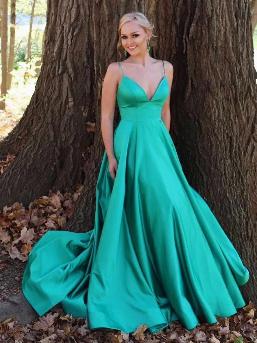 Simple v neck satin long prom dress green v neck gold formal dresses,Dance Dress