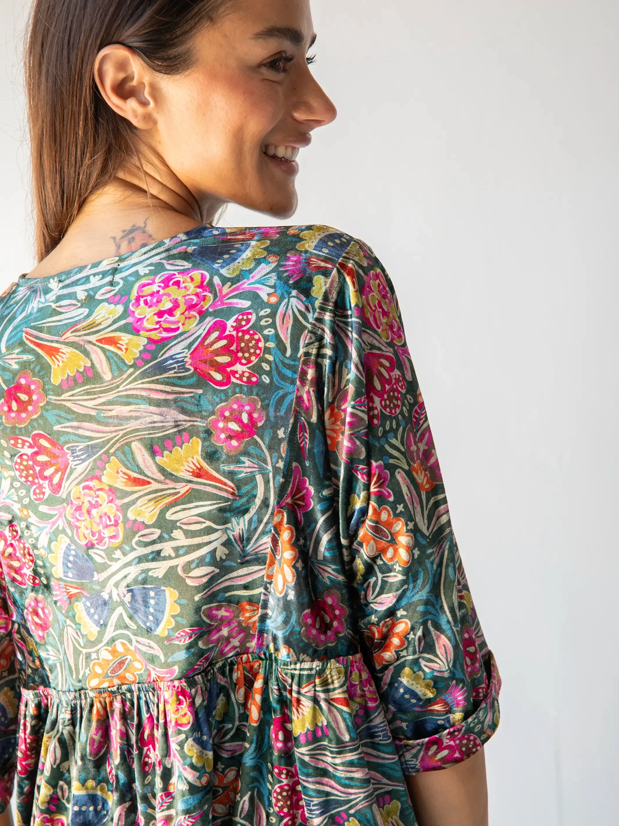 Stella Velvet Mini Dress - Green Lined Floral