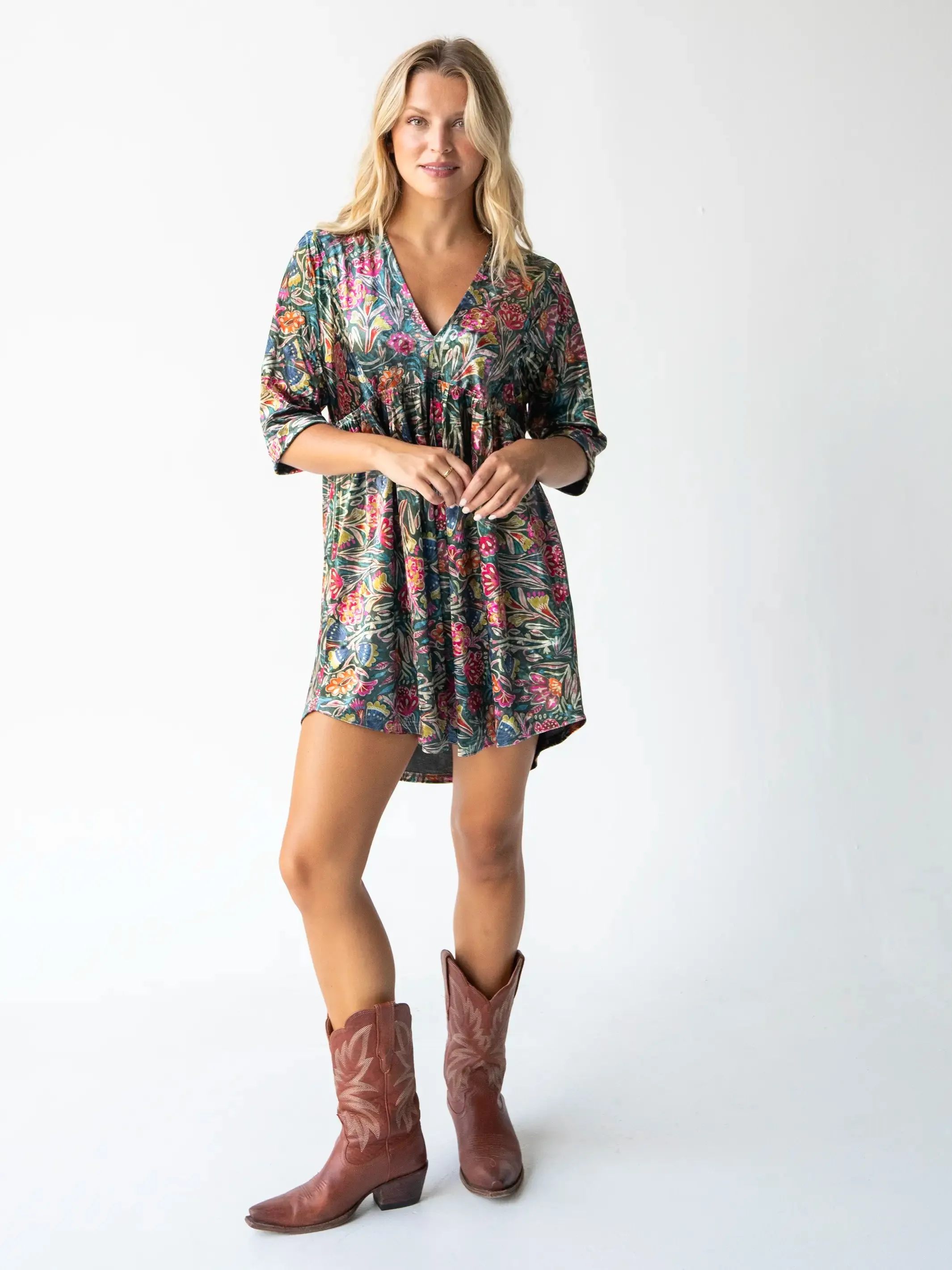 Stella Velvet Mini Dress - Green Lined Floral